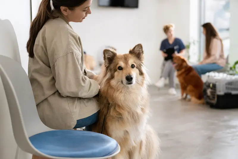 Ein Großspitz sitzt ruhig neben seinem Besitzer im hellen Wartezimmer einer modernen Tierarztpraxis.